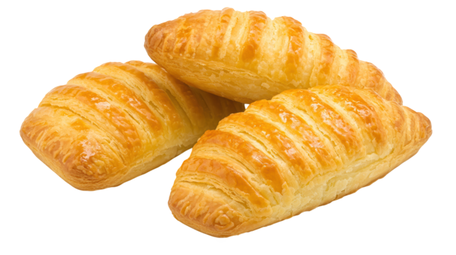 A trio of golden, flaky pastries with a crisp outer layer and soft interior, perfect for snacking or breakfast.