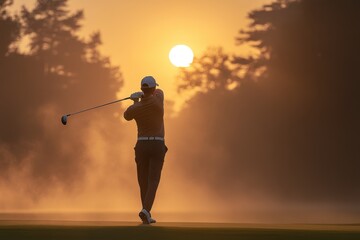 Golfer Silhouette Sunrise Swing Golf Course,