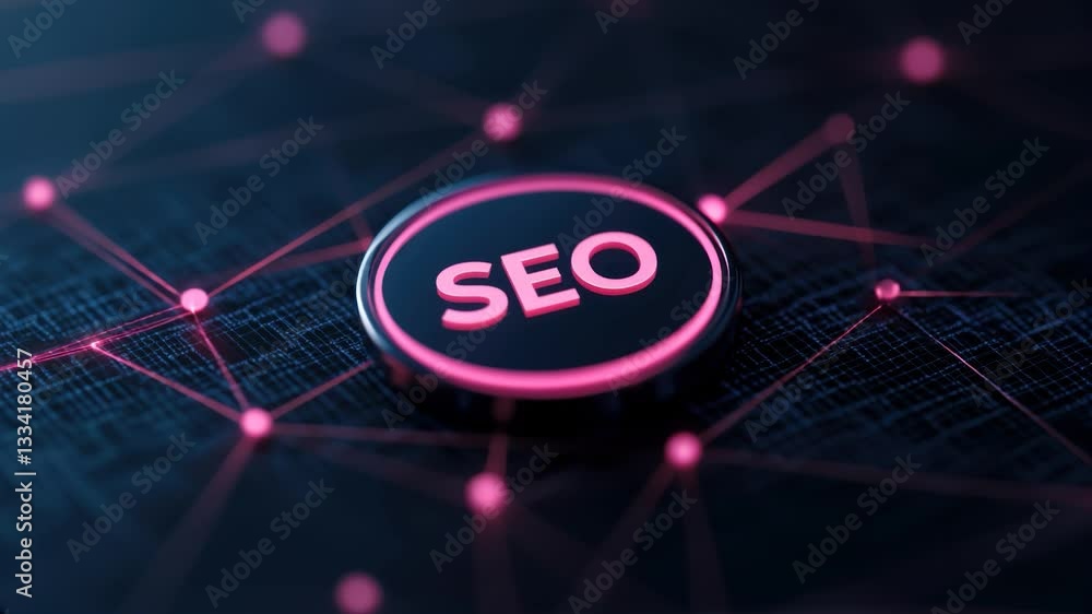 Poster glowing seo button surrounded by interconnected digital lines modern pink and black network highligh