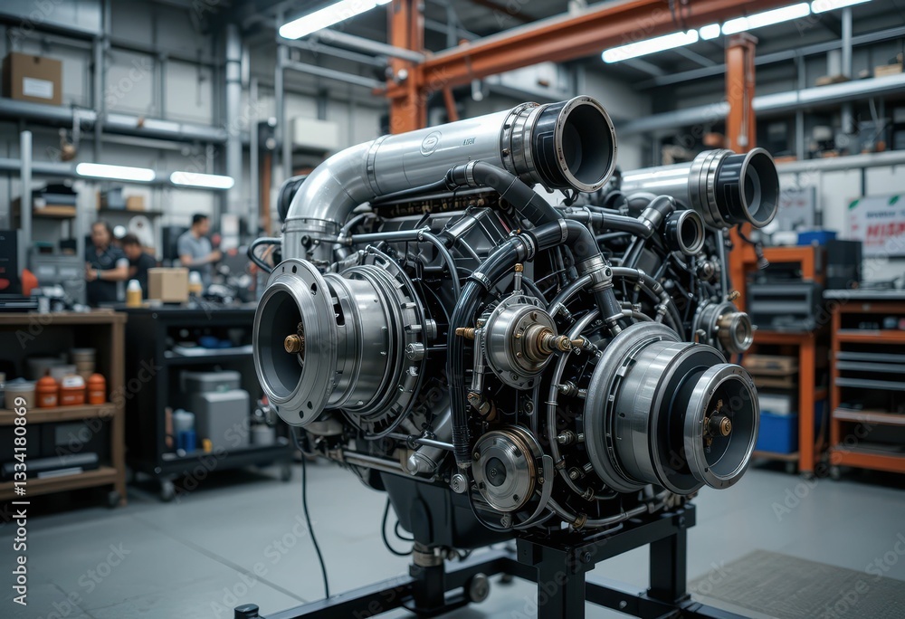 Poster high-performance engine in automotive workshop setting