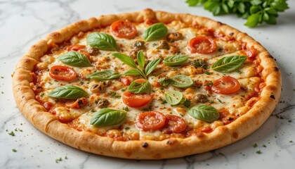 Freshly Baked Pizza with Cherry Tomatoes and Basil Leaves on Marble