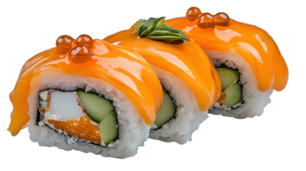 A vibrant sushi roll topped with bright orange sauce, garnished with fish roe and a hint of green herb.