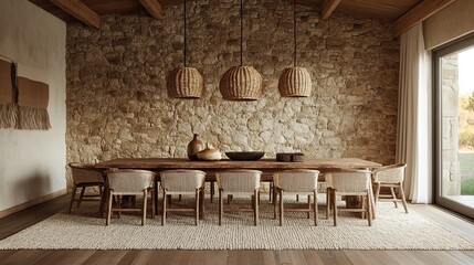 An earthy barn dining room with a rustic stone wall as