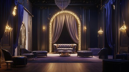 Opulent Nighttime Lounge: Luxurious Interior Design with Dark Blue and Gold Accents