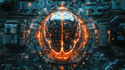 Obraz premium Intricate digital brain design with glowing circuitry showcased in a futuristic setting Generative AI