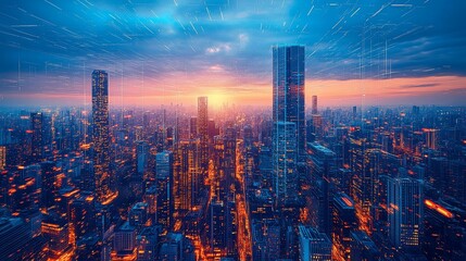 Fototapeta premium Futuristic Cityscape at Sunset with Data Visualization Overlay, modern architecture and advanced digital communication