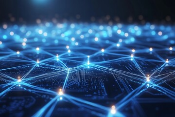 Obraz premium A network of glowing blue connections on a black background, representing the concept of blockchain technology and its use in digital video content.