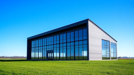 Obraz premium Modern industrial building stands on a field of vibrant green grass