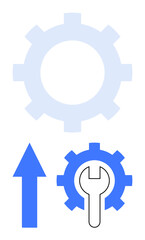 Large and small gear with wrench inserted, upward arrow indicating growth, repair, improvement. Ideal for development, maintenance, engineering, innovation, problem-solving efficiency progress