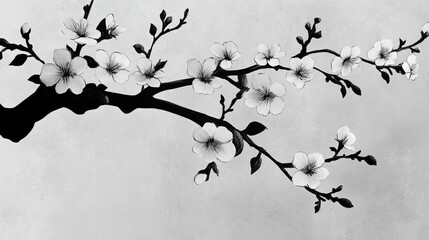 Elegant corner bracket with cherry blossom design in realistic black and white stencil style