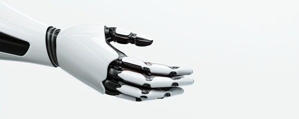 A sleek robotic hand reaching out, showcasing advanced technology and design in artificial intelligence and robotics.