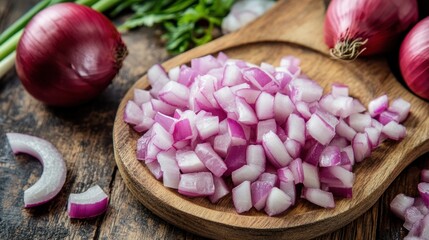Chopped Red Onions on Wooden Board