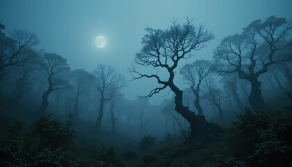Mysterious Foggy Forest with Moonlight Shining Through Trees