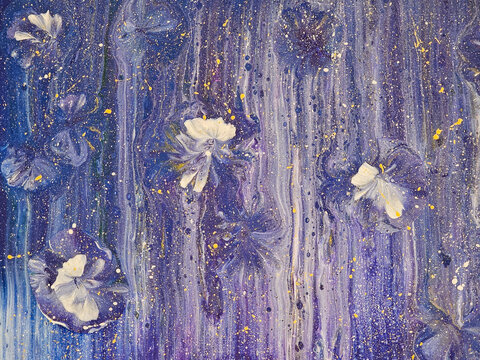 abstract fluid art painting with blue and purple tones featuring white flower-like shapes and dripping technique