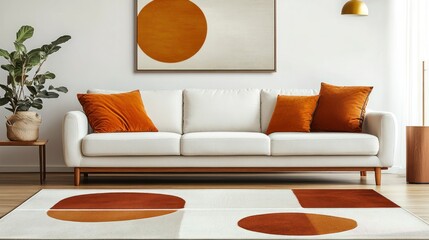 A modern interior living room featuring a white sofa and artwork
