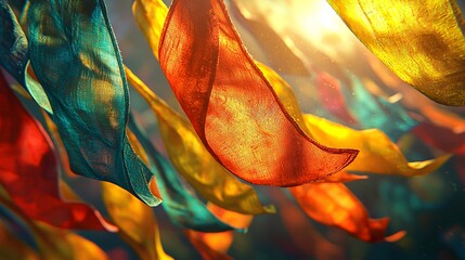 A stunning collection of colorful tibetan prayer flags dancing gracefully in the mountain air