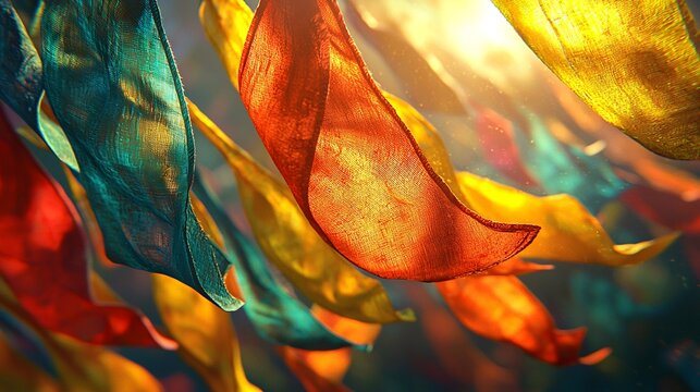 A stunning collection of colorful tibetan prayer flags dancing gracefully in the mountain air