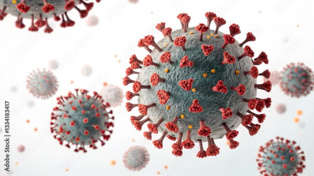 Poster microscopic view of virus particles spherical structure with red spike proteins highlighting infecti