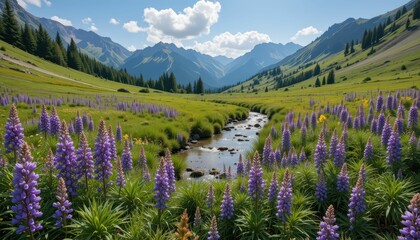 Serene Mountain Landscape with Lush Green Valley and Flowing Stream