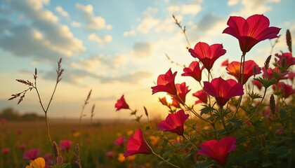 Triangular flower arrangements made of golden petals surrounding crimson centers amidst lush greenery and morning glories in a misty landscape.