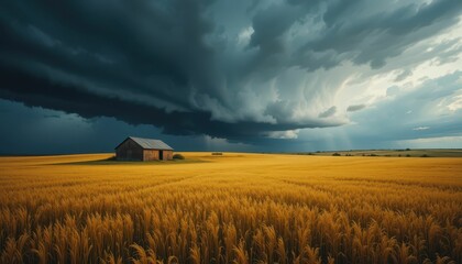 Fototapeta premium Dramatic Storm Clouds Over Golden Wheat Field and Rustic Barn
