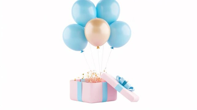 Open Pink Gift Box with Blue Ribbon Festive Confetti Explosion and Gold Balloons Celebration