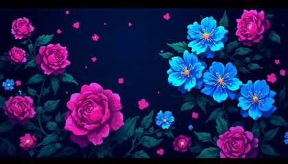 A nostalgic digital floral arrangement of pink roses and blue delphiniums amidst a dark background with vibrant glow-in-the-dark accents and pixelated glitch effects.