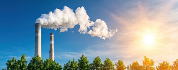 A factory emits smoke into a clear sky, surrounded by green trees and illuminated by the bright sun, illustrating industrial impact on nature.