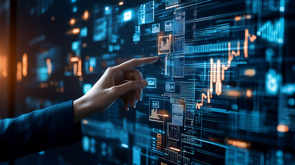 Analyzing data trends interactive technology dashboard corporate office digital interface modern environment close-up view