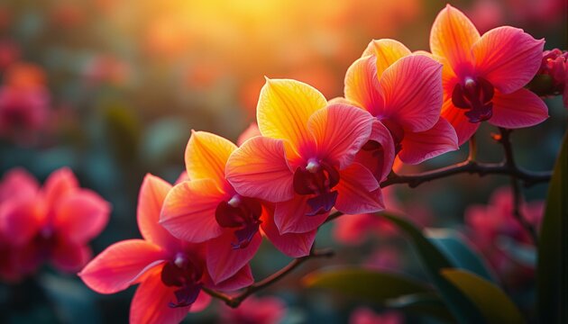 Intricate floral arrangements with geometric shapes and vibrant colors in a tropical setting.