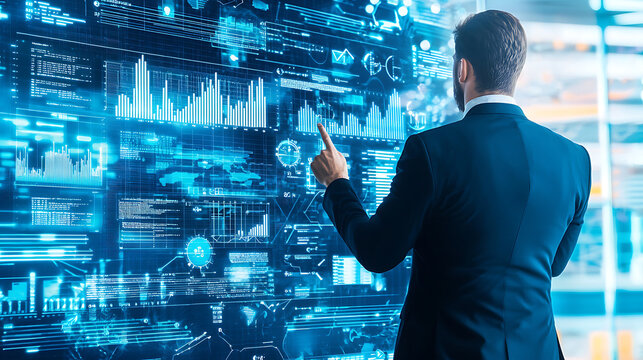 Business professional analyzing data trends in high-tech office environment digital analytics futuristic viewpoint