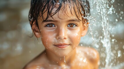 Obraz premium Child playing, water splashing, outdoor shower, summer