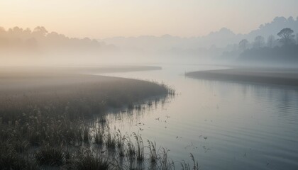 Fototapeta premium Serene Morning Mist Over Calm Water with Gentle Curves and Nature