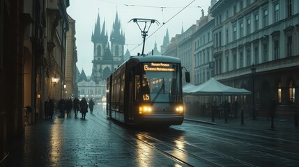Obraz premium A tram travelling on a wet street near old architecture structures