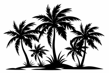 tropical palm trees with leaves line art silhouette vector illustration