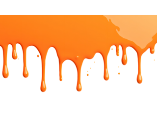 A vibrant and glossy orange liquid drips down a transparent background, cut out, PNG 3D Digital Art. of various colors.