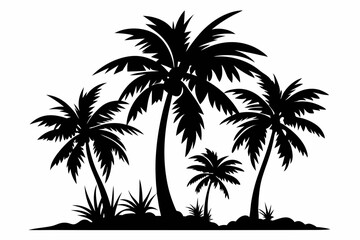 tropical palm trees with leaves line art silhouette vector illustration