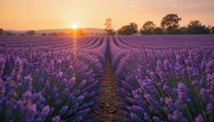 Fototapeta premium Serene Lavender Fields at Sunrise with Vibrant Colorful Skies