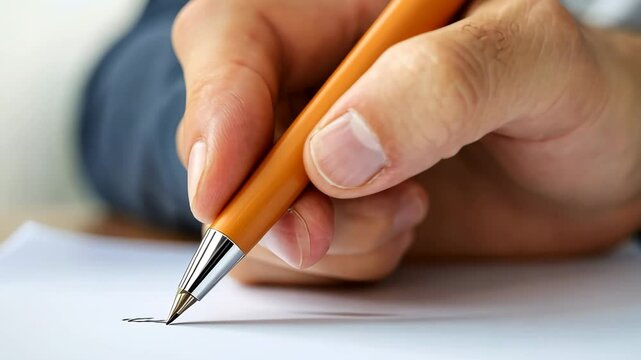 Close up of Hand Holding Orange Pen Writing on Paper Capturing Act of Handwriting with Fingers and Ink, Focusing on Stationery and Creativity in Moment of Poised Writing