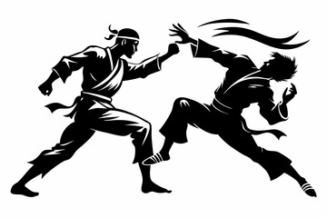 two karatekas fighting line art silhouette vector illustration