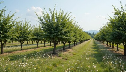 Naklejka premium Lush Green Orchard with Symmetrical Rows of Trees Under Blue Sky