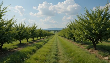 Peaceful Orchard Landscape with Rows of Trees Under Blue Sky