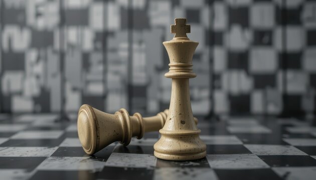 Fallen King and Pawn on a Chessboard with Abstract Background