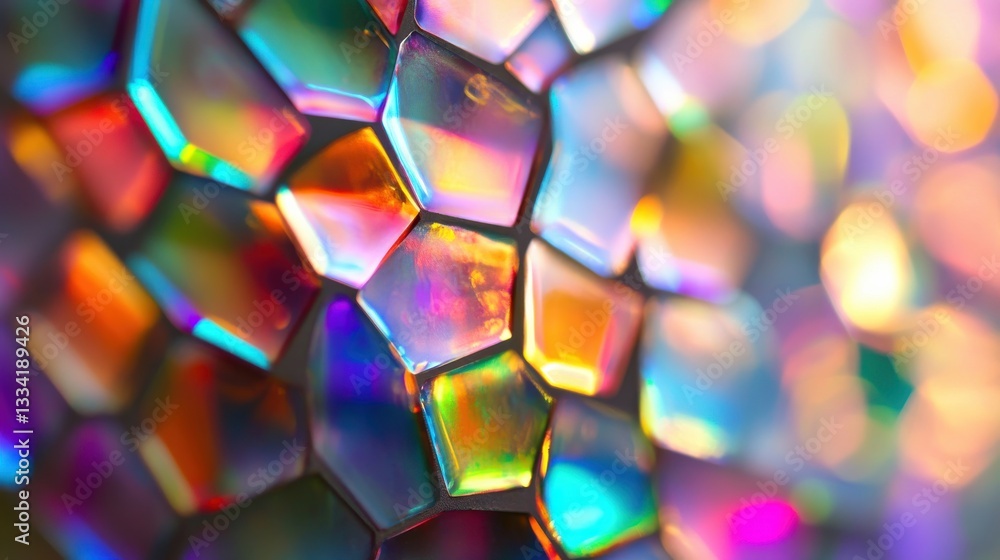 Poster colorful hexagonal pattern with iridescent light reflections
