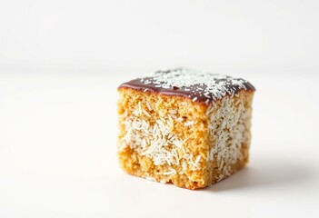 Golden brown Lamington on white background