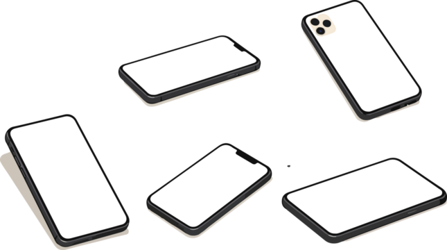iPhone 15 16 Pro Max mobile phone devices blank display mockup a set of iPhone 15 and 16 Pro Max mobile device mockups featuring blank screens. This smartphone collection showcases various styles.