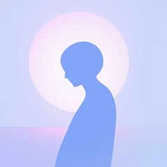 Abstract silhouette in pale colors against a circular background creating a serene and introspective mood