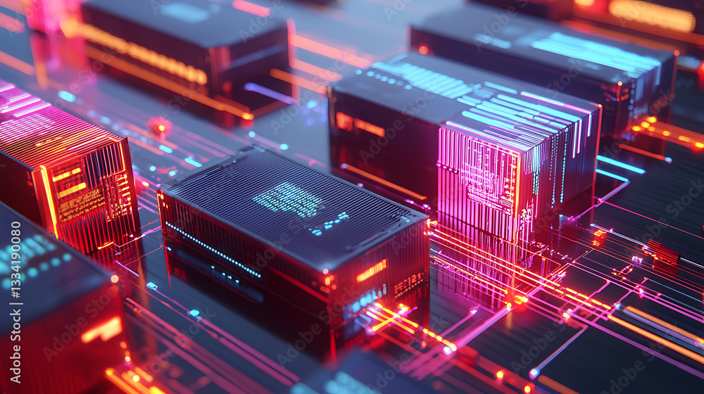 Poster digital circuitry action futuristic data center 3d render high-tech environment close-up view innova