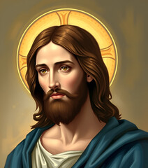 Illustration of a image of Jesus renaissance painting saint card style |  painting of Jesus with a cross on the face | Jesus Christ illuminated by divine grace, Jesus of Nazareth, incredible attention