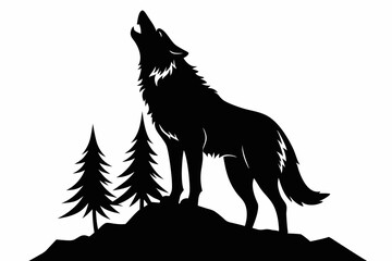 wolf howling line art silhouette vector illustration